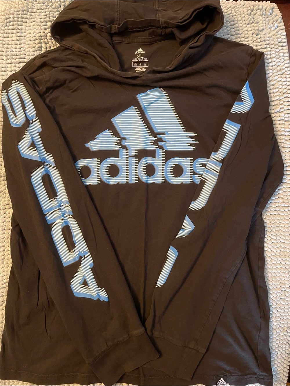 adidas Black Hooded Long-Sleeve T-Shirt with Light Blue Logo and Sleeve Graphics